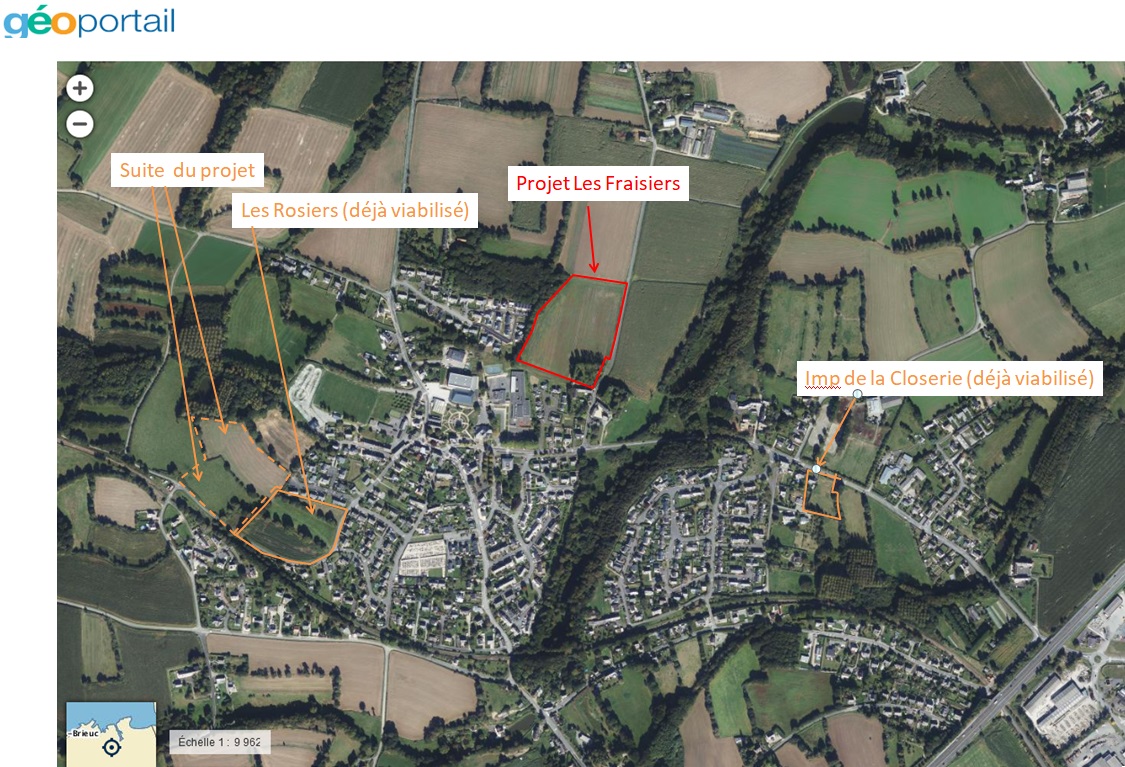 Carte des terrains agricoles en cours de construction ou visés par des projets de lotissement en proximité du bourg dans le bourg de Quévert